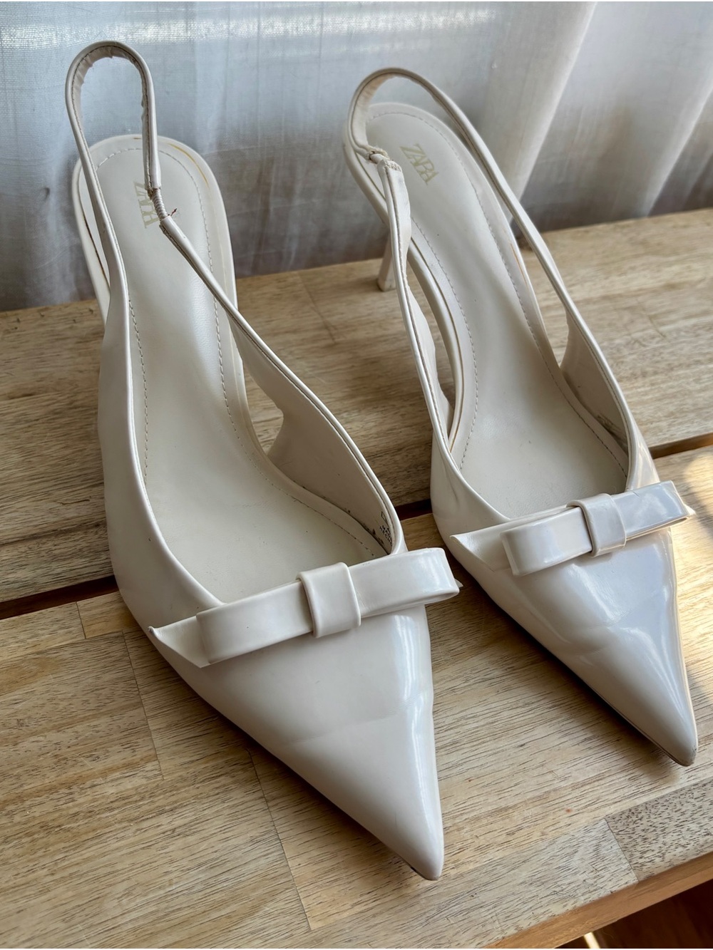 Zara Cream Pointed Toe Slingback Kitten Heels with Bow size 9